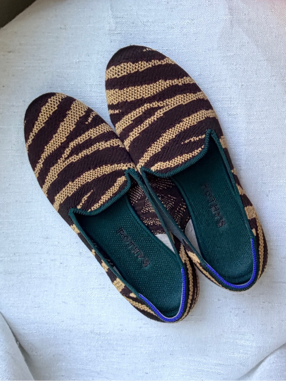 Rothy’s The Loafer Chai Zebra Brown Tan green Flats Size 8.5